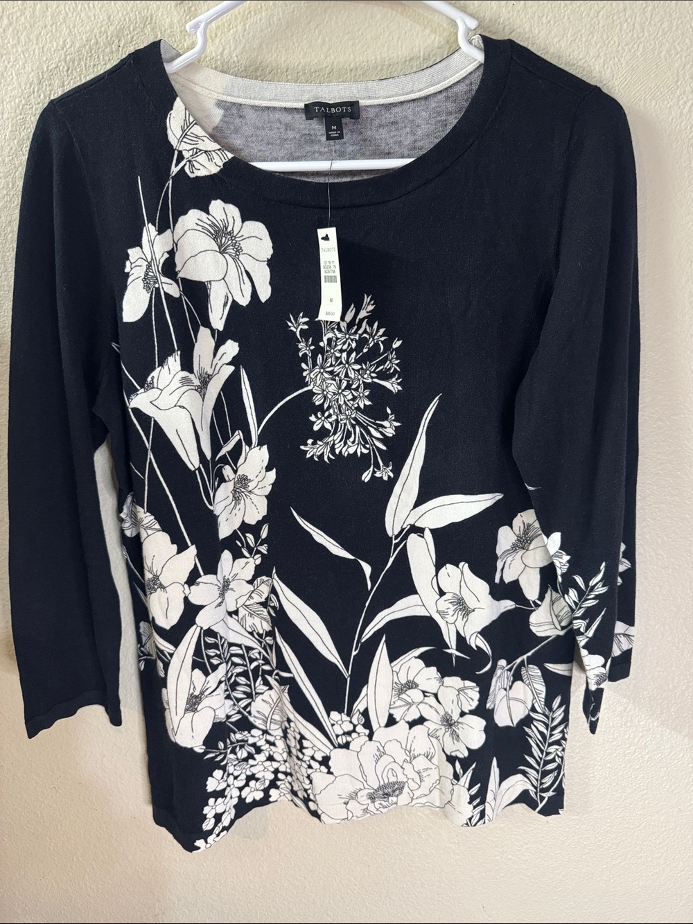 Talbots Black Floral Crewneck Long Sleeve Top